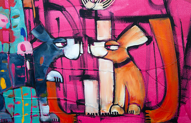 Detail-acrylic painting demo painting - unfinished - by Janine Daddo. Shows 2 quirky dog characters sniffing each other.