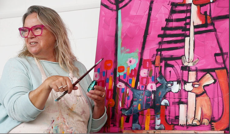 Janine explaining aspects of her acrylic painting.