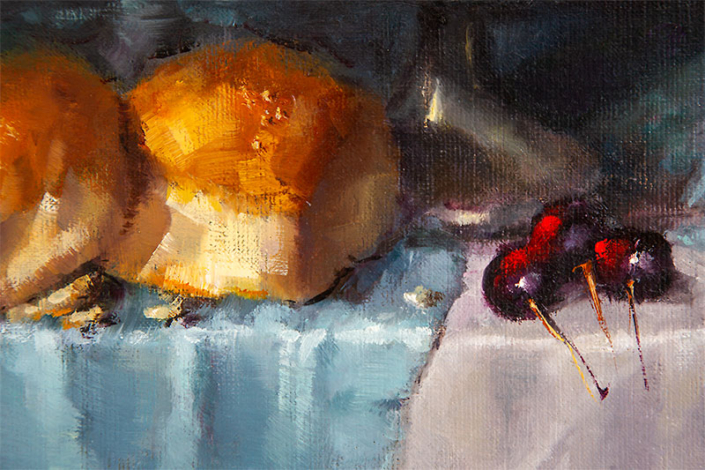 Detail from “Bread” – oil painting by Joan Denner Detail from "Bread" - oil painting by Joan Denner. Crusty bread with glowing red cherries.