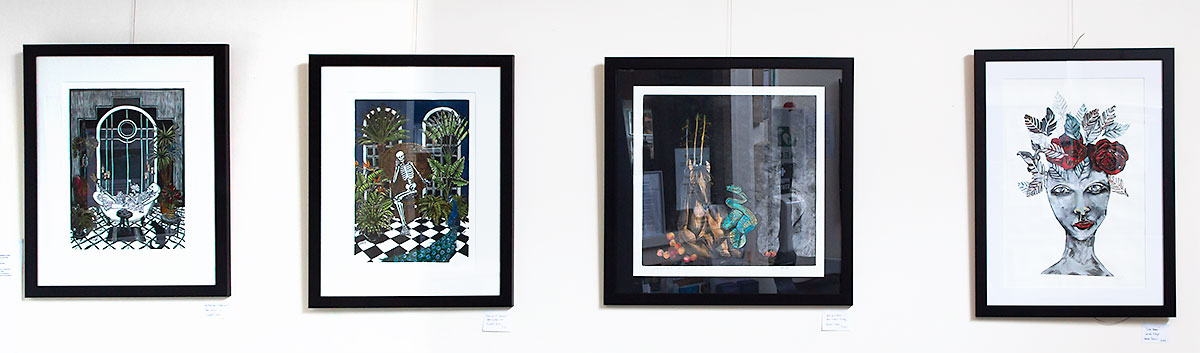 Elizabeth Hickey Foyer Exhibitiion. 4 prints framed in black hanging on a wall.