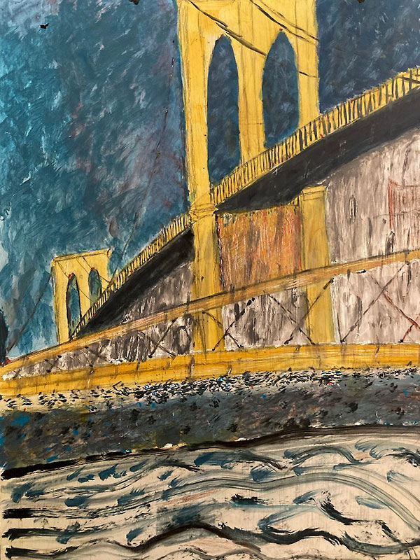 Su Fishpool, Exploring Mixed Media Class, Student Artwork. Golden bridge with textured sky and water.