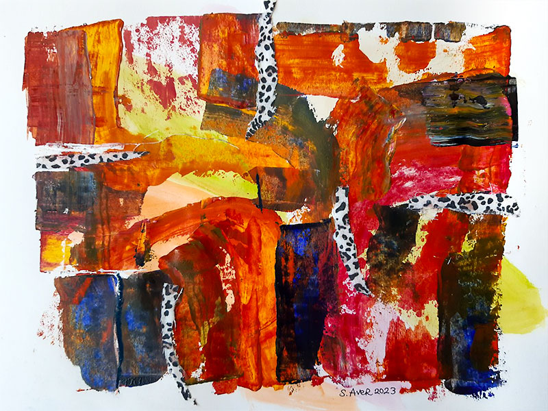 Su Fishpool, Exploring Mixed Media Class, Student Artwork by S. Aver. Abstract with bright patches of colour.