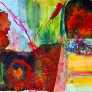 Su Fishpool, Exploring Mixed Media Class, Student Artwork. Brightly coloured abstract with red flowers.
