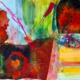 Su Fishpool, Exploring Mixed Media Class, Student Artwork. Brightly coloured abstract with red flowers.
