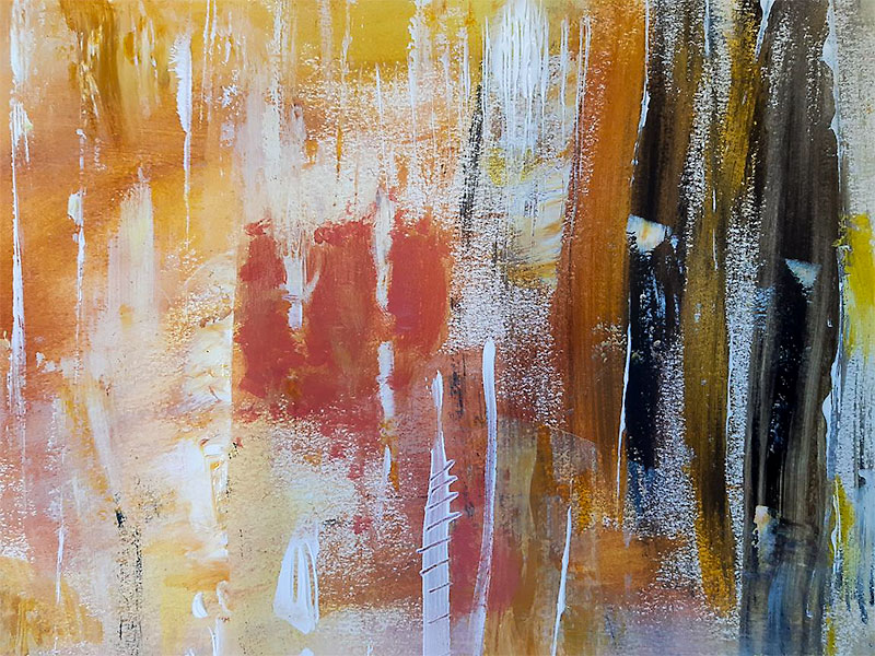 Su Fishpool, Exploring Mixed Media Class, Student Artwork. Abstract featuring vertical bands of earth colours.