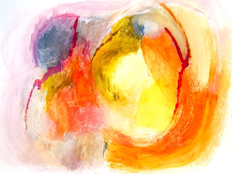 Su Fishpool, Exploring Mixed Media Class, Student Artwork. Abstract circular composition in red, orange, yellow and pink.