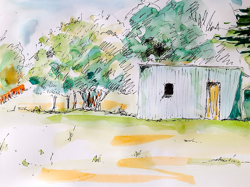 Su Fishpool, Exploring Mixed Media Class, Student Artwork. Pen and wash - building surrounded by trees.
