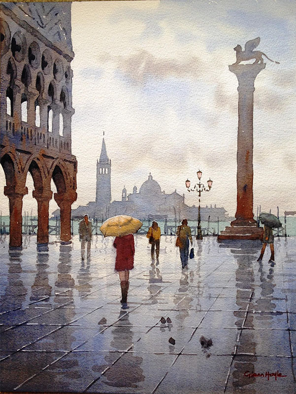 A Rainy Day in Venice – Watercolour – Glenn Hoyle A Rainy Day in Venice - Watercolour painting of figures walking across wet pavement with surrounding buildings and sculpture - Glenn Hoyle