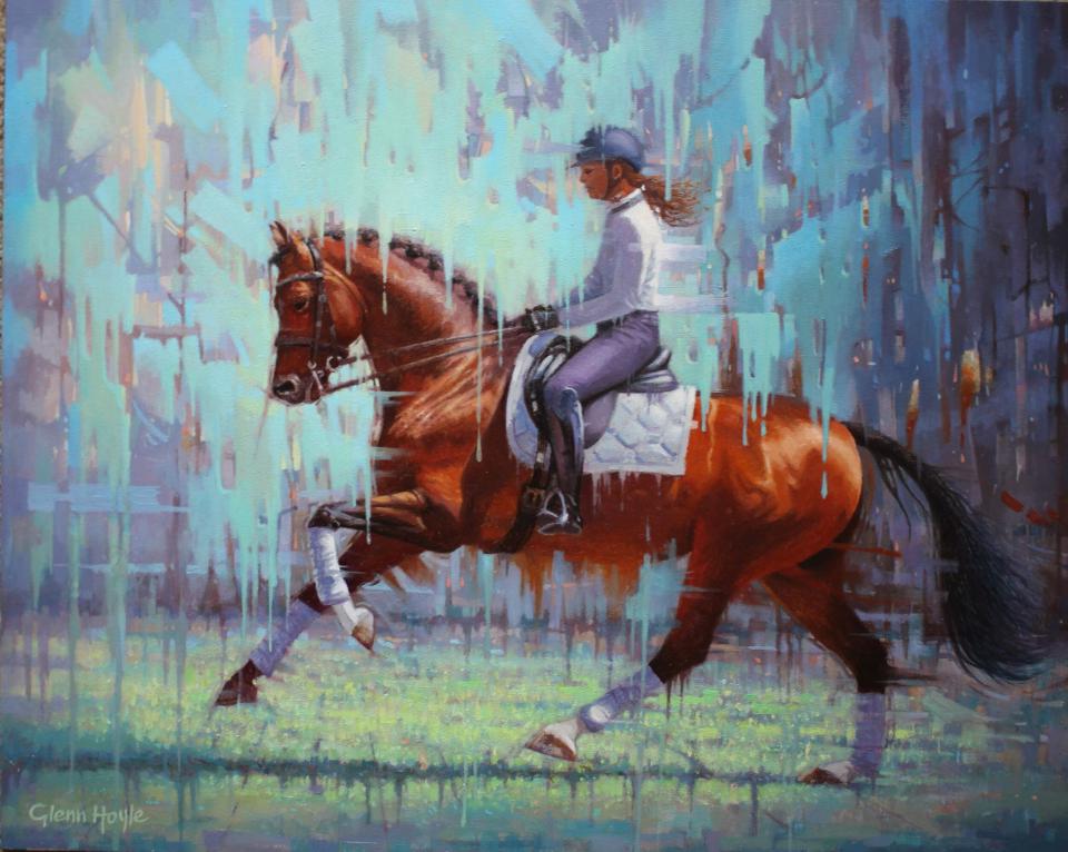 Dressage Rehearsal – Glenn Hoyle Dressage Rehearsal - painting of a girl riding a brown horse with blue drips of paint slightly obscuring the subject - Glenn Hoyle