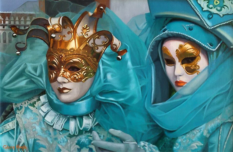 Glenn Hoyle – Oil Glenn Hoyle - Oil painting of 2 people dressed in turquoise blue ornate period costume and gold trimmed Venetian masks.