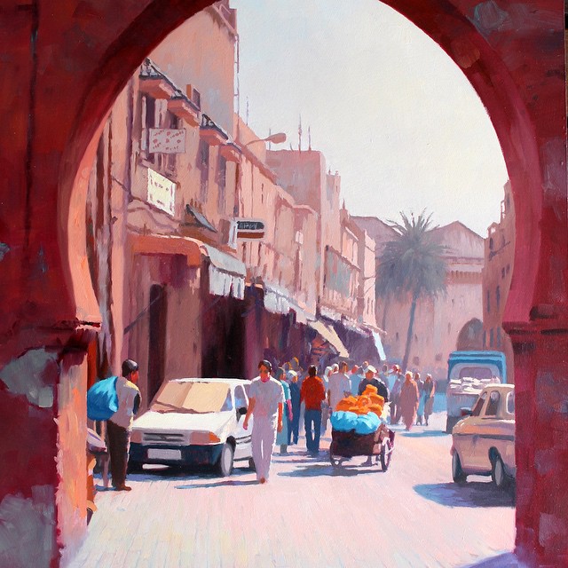 Marakesh, Morocco, Africa – Oil Glenn Hoyle Marakesh, Morocco, Africa - Oil painting of a busy street seen through a red stone archway, by Glenn Hoyle