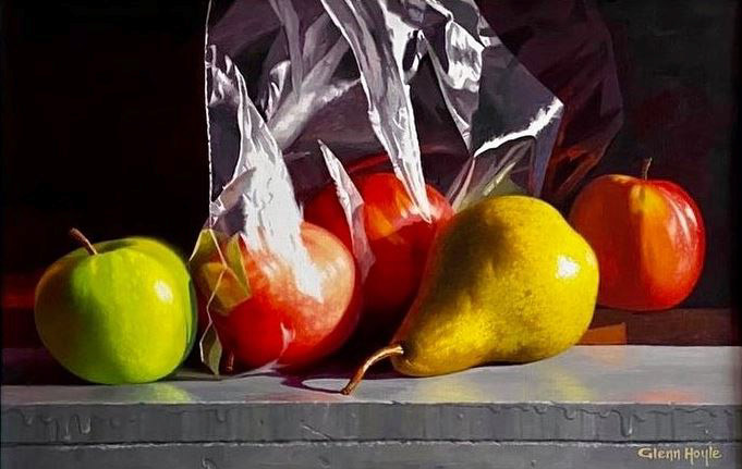Red and Green – Oil – Glen Hoyle Red and Green - Oil painting of red and green apples and a golden pear, partly covered in plastic wrap, by Glen Hoyle