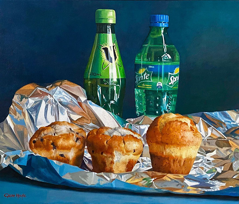 Sweet Still Life – Oil – Glenn Hoyle Sweet Still Life - Oil painting of 3 muffins sitting on a piece of alfoil, with 2 green soft drink bottles in background, by Glenn Hoyle