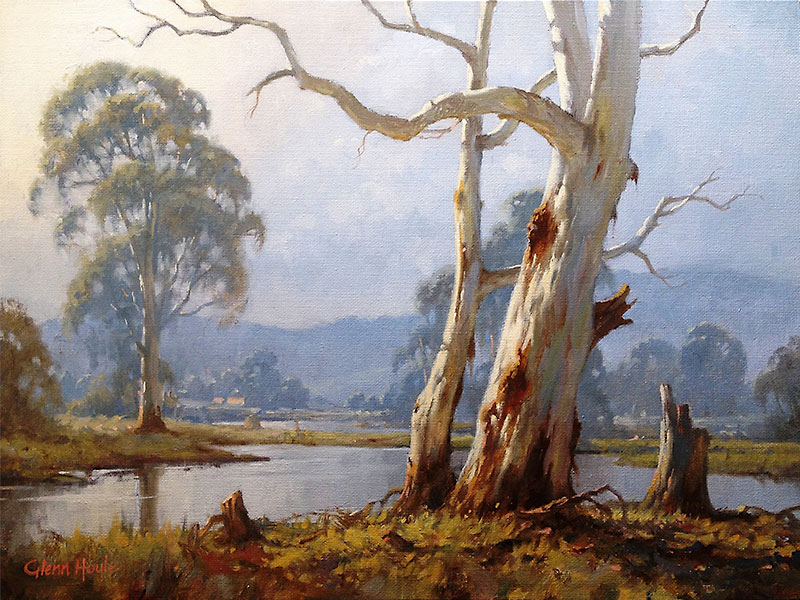 The Yarra Valley – Oil on Canvas Board – Glenn Hoyle The Yarra Valley - Oil painting on Canvas Board of an old gum tree on a riverbank with misty trees and blue mountain in background- Glenn Hoyle