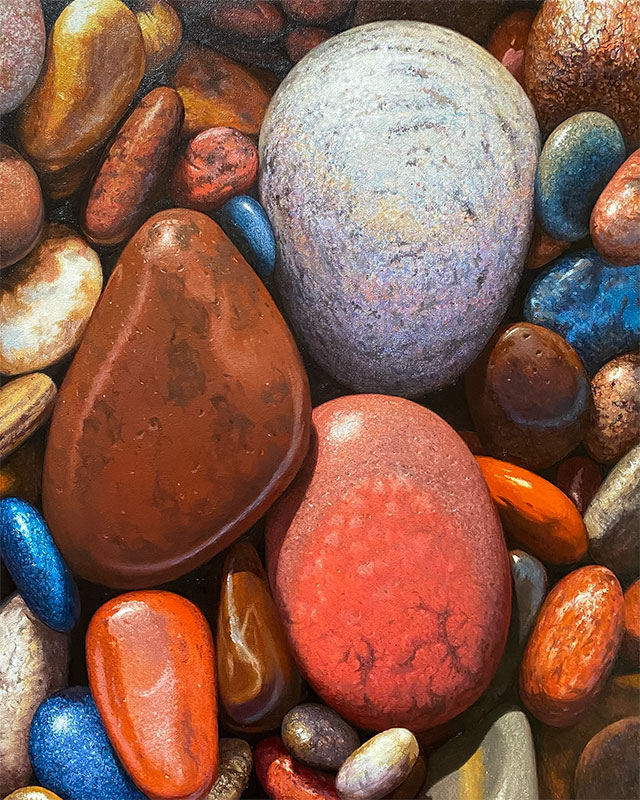 Wet Pebbles – Oil – Glenn Hoyle Wet Pebbles - Oil Painting by Glenn Hoyle of brightly coloured rocks glistening with water.