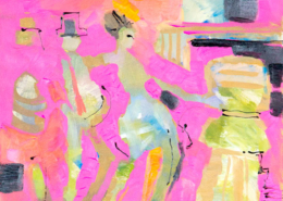 Demo painting of semi-abstract figures against a bright pink background by Susan O'Brien
