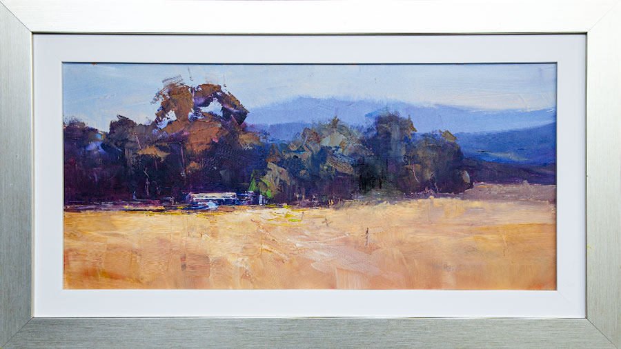 Country Colours - Paula Petersen - oil. Landscape with distant farmhouse and blue mountains. First Prize, People's Choice, PAS Open Studio & Exhibition, 2024.
