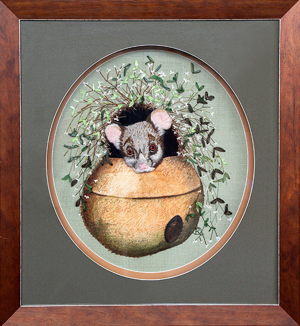 Polly Possum in the Pot - Ruth Quinn - Mixed Media. Possum's head peeping over the edge of a hanging pot surrounded by foliage. First Prize, People's Choice, PAS Open Studio & Exhibition, 2024