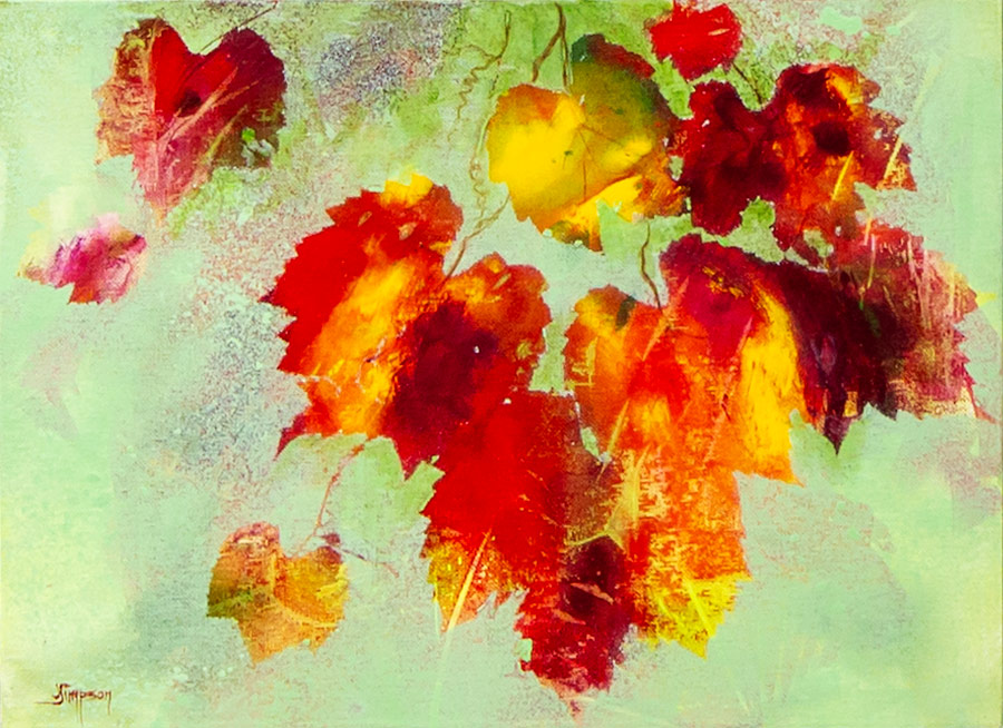 Jacqui Simpson – Autumn Showers Jacqui Simpson - Autumn Showers. Brightly coloured autumn leaves on a green background.