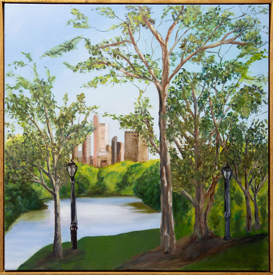 Painting by Annie Tonks Paintingof a park with city skyline in background by Annie Tonks