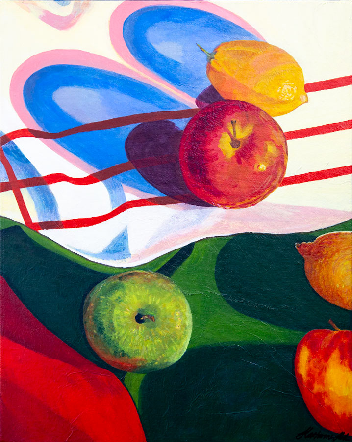 Katherine Kok – Red and Green Katherine Kok - Red and Green. Still life of apples and lemons on a striped cloth.
