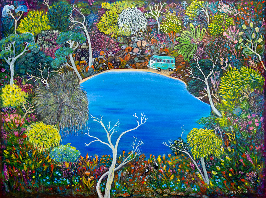 Eileen Curd – Combi Nation Eileen Curd - Combi Nation. Stylized landscape with trees, flowers and blue combi van.