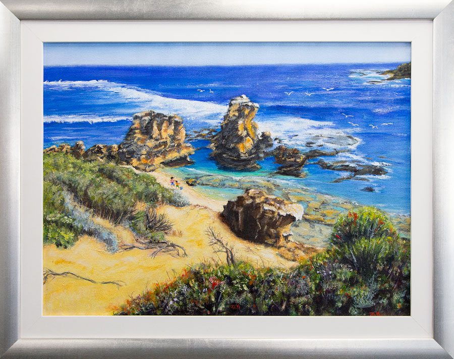 Diane Hansberry – Balnarring Holiday – Oilil Diane Hansberry - Balnarring Holiday - Oil. Rocky seascape from dunes.