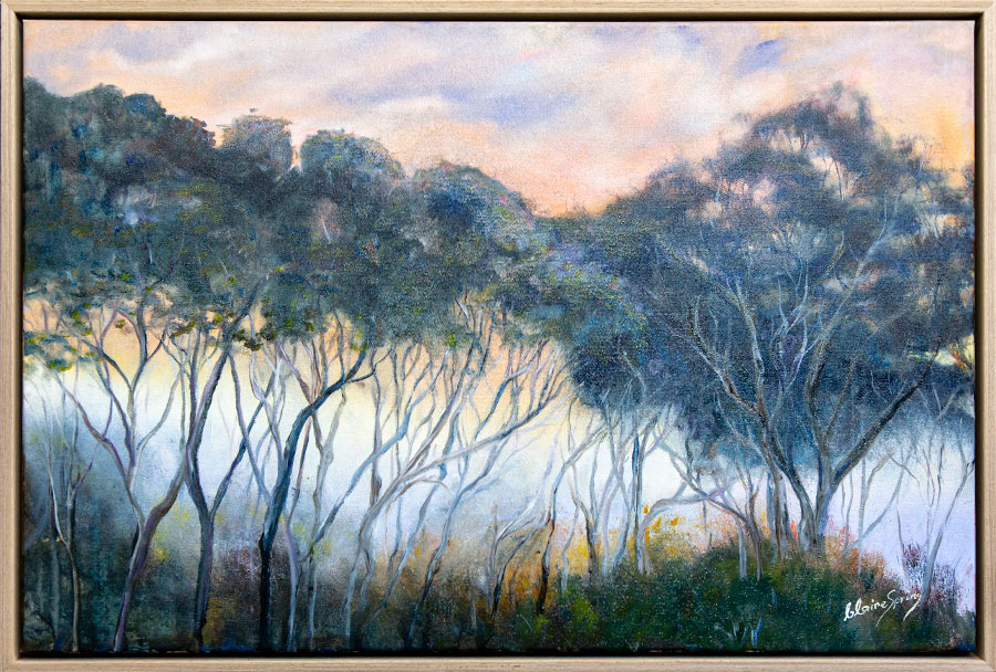 Claire Spring – Misty Moonahs – Oil on Linen Claire Spring - Misty Moonahs - Oil on Linen - landscape with Moonah trees