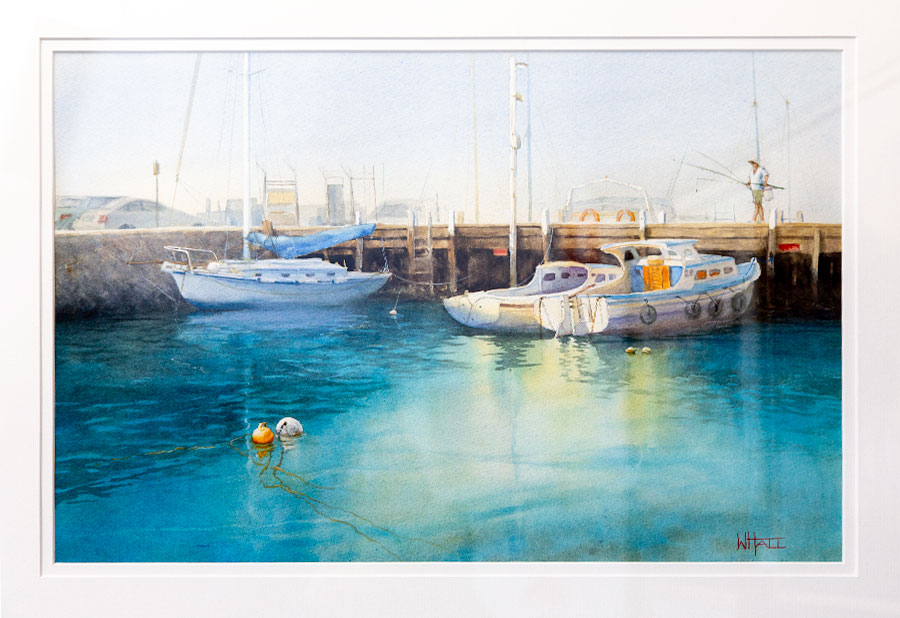 Wendy Hall – Fading Light- Watercolour Wendy Hall - Fading Light- Watercolour of boats moored to a pier.