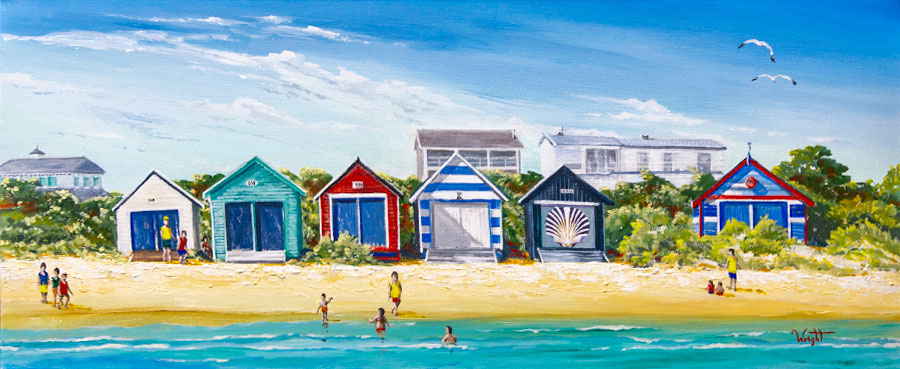 Chris Wright – Edithvale Beauties Chris Wright - Edithvale Beauties. Painting of brightly coloured beach boxes with sea in foreground.