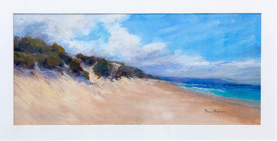 Paula Petersen – Peninsula Vista – Oil Paula Petersen - Peninsula Vista - Oil seascape with dunes.