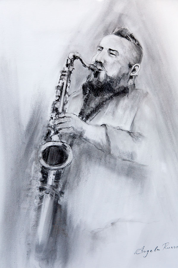 Angelo Russo – Joy – Charcoal Angelo Russo - Joy - Charcoal drawing of a man playing a saxophone.