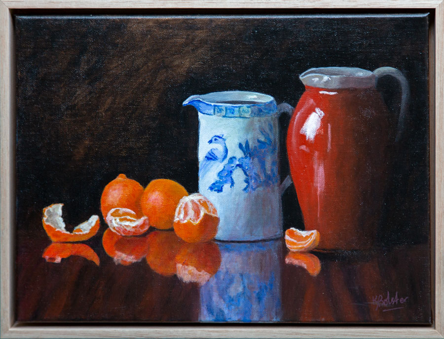Kathleen Bolster – Oranges – Acrylic Kathleen Bolster - Oranges - Acrylic. Still life with oranges and 2 jugs, one blue and one red.