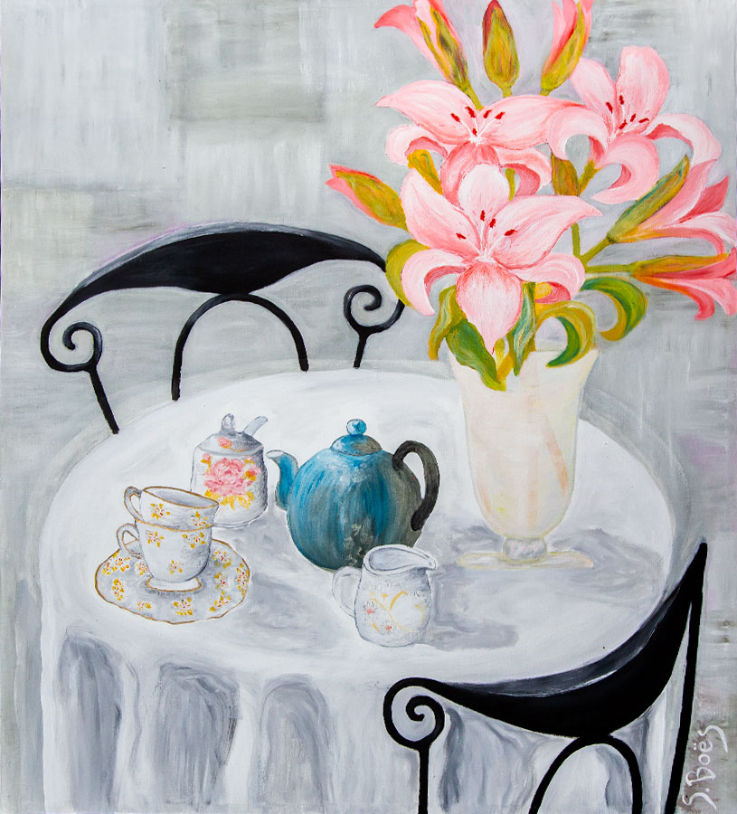 Sabine Boes – Tea for Two – Acrylic Sabine Boes - Tea for Two - Acrylic painting of black chairs and white cloth table with teapot, tea cups and pink lillies.