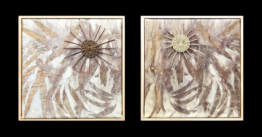 Barbara Hawkins – Natures Bounty 1 & 2 Barbara Hawkins - Natures Bounty 1 & 2. Eco dyed fabric background with woven ''suns''.