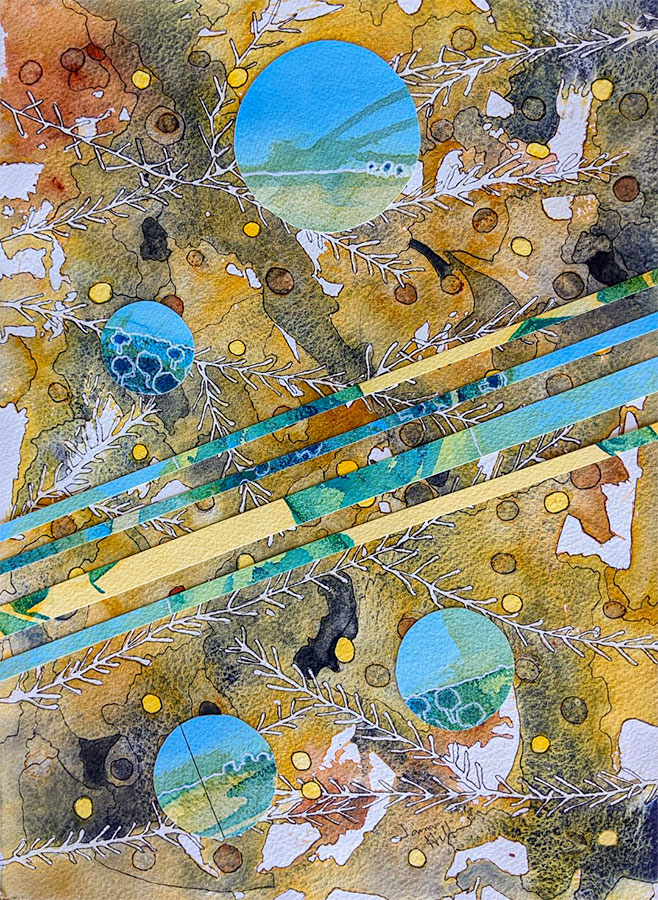 Jann Hill – Hedge Wattle WC Collage & Ink on Paper Jann Hill - Hedge Wattle WC Collage & Ink on Paper. Abstract design.
