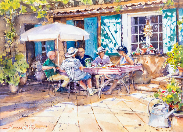 Annee Kelly - watercolour painting of people seated at a table on a sunny patio, based on a sketch.