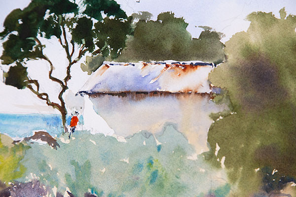 Adding details - note bright highlight on building created with masking fluid.