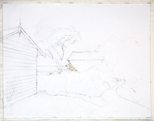 Sketch or a beach shed on the foreshore, with masking fluid applied.