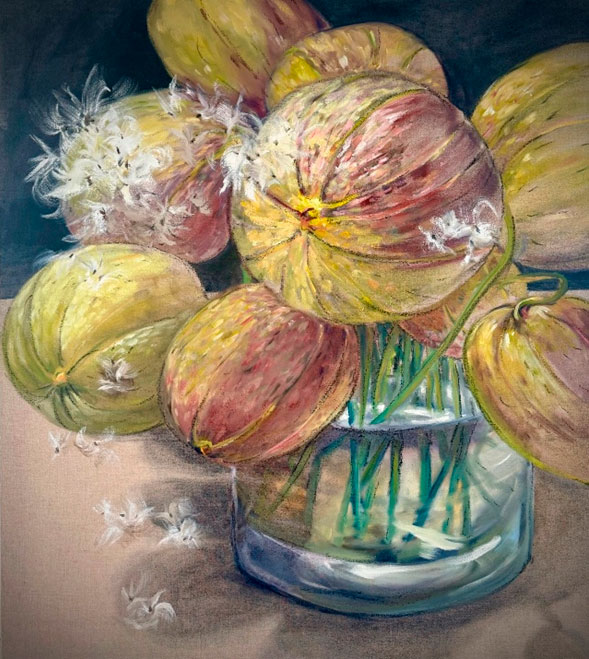 Painting of flower seed pods in a vase by Claire Spring