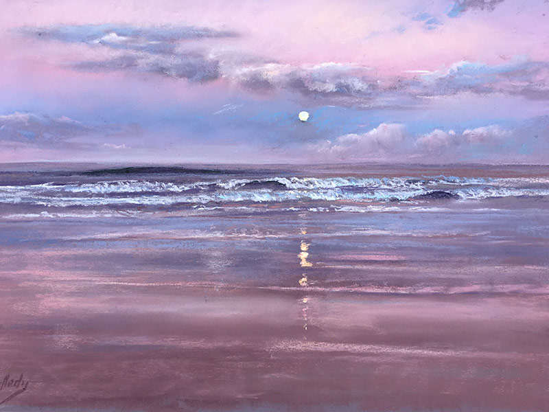 Fraser Moon - Pastel on Paper- Lyn Mellady. Seascape with pinky mauve hues and full moon reflecting in water.