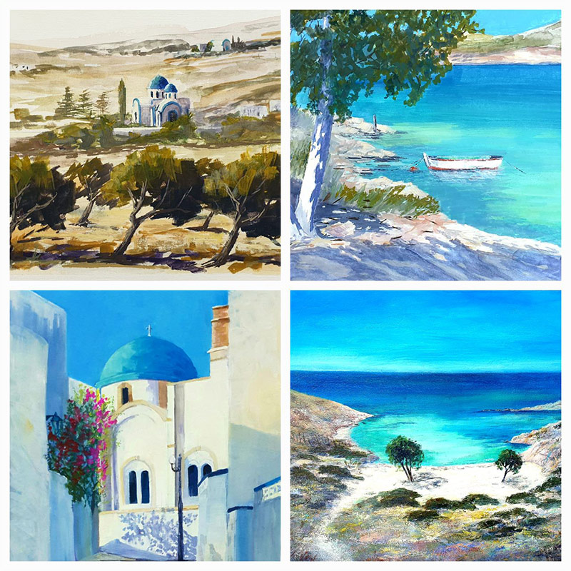 Gouache Studies By Catherine Hamilton - s2 eascapes, a landscape and a Greek streetscape.